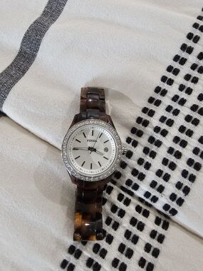 Fossil Tortoiseshell Resin Watch with Crystal Bezel - White Dial